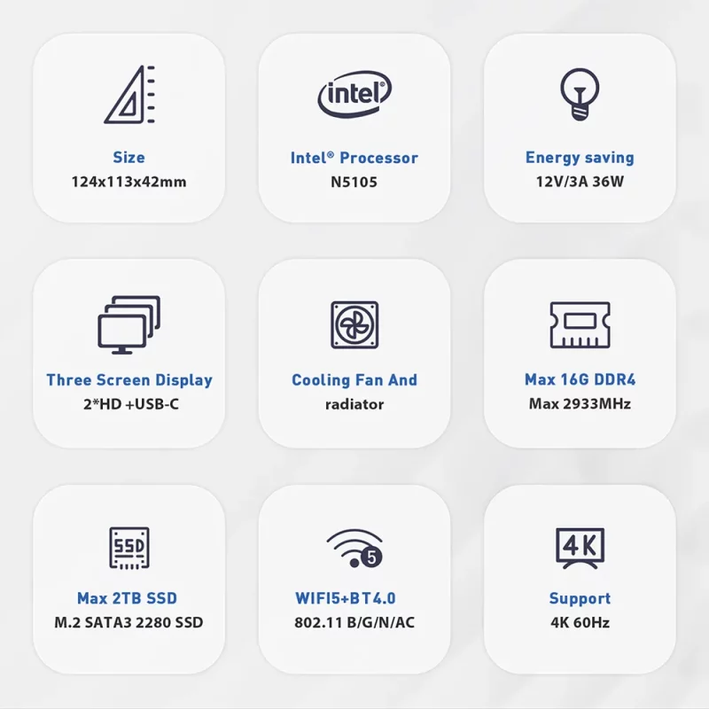 Mini PC Intel Core N5105 Jasper Lake, WiFi 5, BT 4.0, RAM DDR4, SSD M.2 NVMe, Windows 11 – Image 5