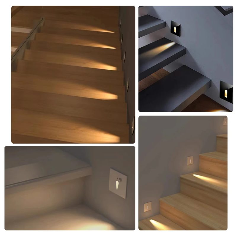 Spot LED à encastrer au mur 3W, Capteur PIR pour escalier, détection de mouvement, en aluminium noir – Image 2