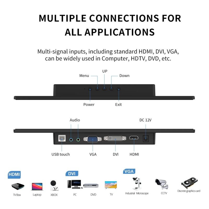 Moniteur tactile industriel 13.3", écran FHD 1920x1080, HDMI, VGA, USB, interface AV, avec haut-parleurs – Image 7