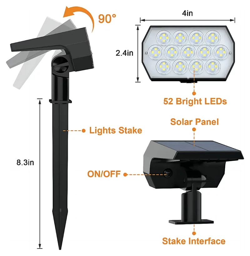 Lot de 2 projecteurs à énergie solaire, 52 LED, IP65, 3 modes d’éclairage, avec capteur de lumière – Image 8