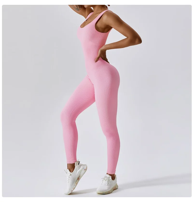 Sd348d200b0a44bb4b16020a41e1ce485S Combinaison de fitness sans couture, avec bretelles, sans manches, respirante, séchage rapide – Image 20