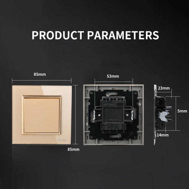 Interrupteur d’éclairage en verre trempé, à bouton-poussoir, 1 voie, 16A, Or – Image 5