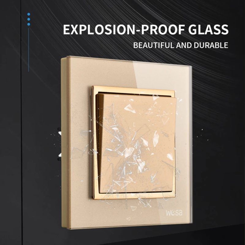 Interrupteur d’éclairage en verre trempé, à bouton-poussoir, 1 voie, 16A, Or – Image 3