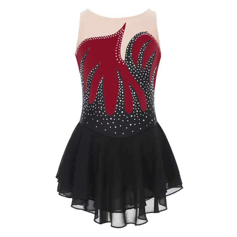 Costume de patinage artistique pour enfant, sans manches, maille transparente et strass – Image 6
