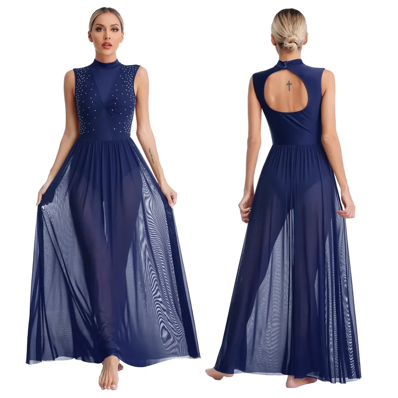S0f45c55b2deb4e4baac9c09da8db7f9aQ Robe de danse torsadée, maille transparente, danse lyrique de ballet, costume de scène – Image 6