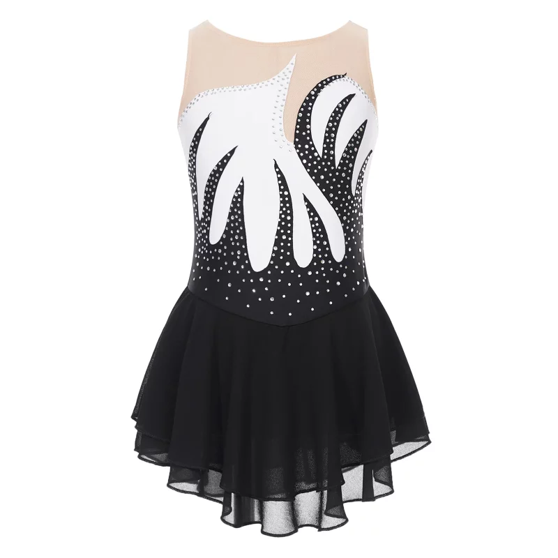 Costume de patinage artistique pour enfant, sans manches, maille transparente et strass – Image 5
