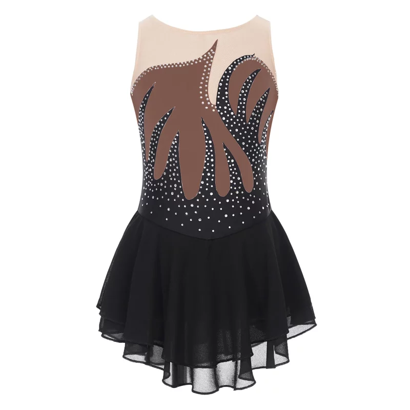 Costume de patinage artistique pour enfant, sans manches, maille transparente et strass – Image 9