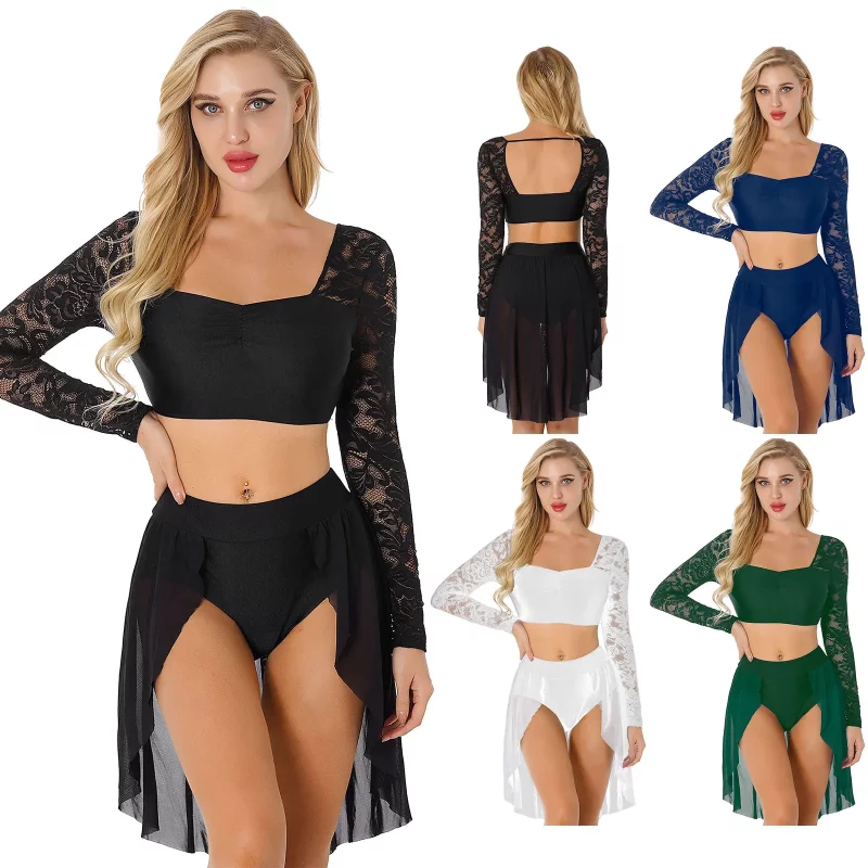 Costume de danse lyrique pour femme, à manches longues, 2 pièces – Image 2