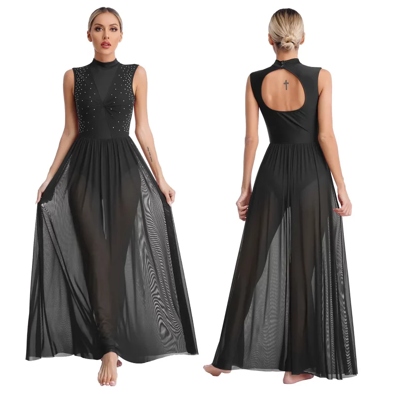 Sf714449631284aa5a612921c985f4c9ca Robe de danse torsadée, maille transparente, danse lyrique de ballet, costume de scène – Image 5