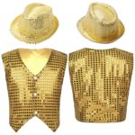 Ensemble gilet et chapeau à paillettes brillantes pour enfant, vêtements pour performance sur scène, 2 pièces