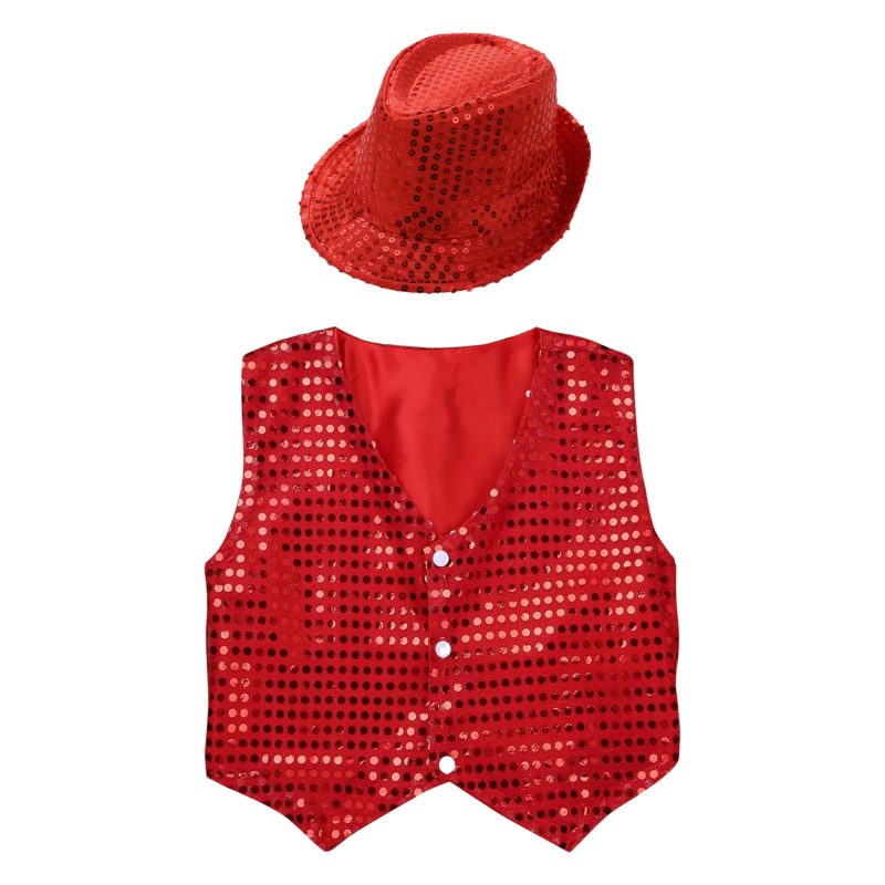 Ensemble gilet et chapeau à paillettes brillantes pour enfant, vêtements pour performance sur scène, 2 pièces – Image 6