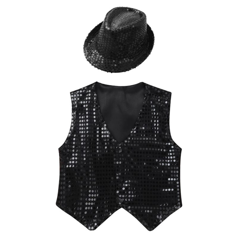 Ensemble gilet et chapeau à paillettes brillantes pour enfant, vêtements pour performance sur scène, 2 pièces – Image 3