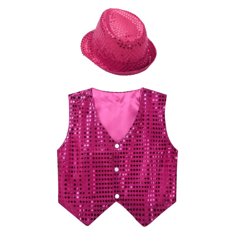 Ensemble gilet et chapeau à paillettes brillantes pour enfant, vêtements pour performance sur scène, 2 pièces – Image 5