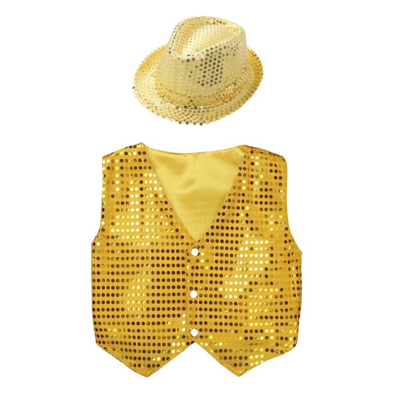 Ensemble gilet et chapeau à paillettes brillantes pour enfant, vêtements pour performance sur scène, 2 pièces – Image 2
