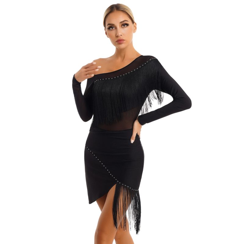 Robe de danse à franges pour femme, manches longues, maille transparente, vêtement de danse latine – Image 4