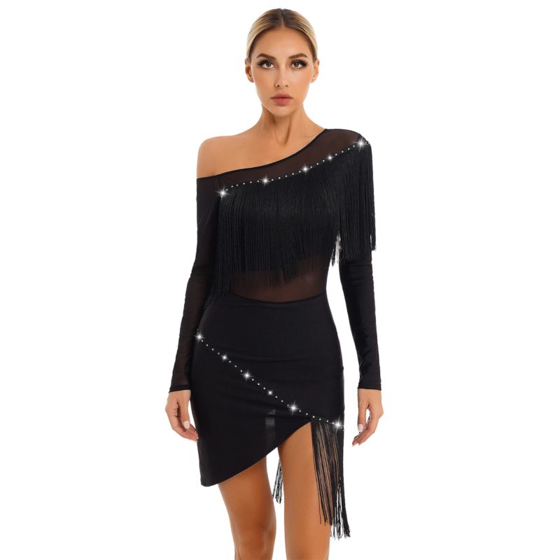 Robe de danse à franges pour femme, manches longues, maille transparente, vêtement de danse latine – Image 3