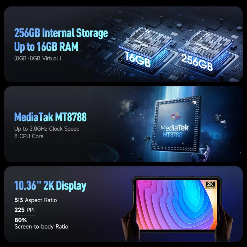 Tablette robuste Ulefone Armor Pad 3 Pro, écran 10.36" 1200 x 2000 FHD+, IPX8, 8GB, 256GB LTE, 33280 mAh, uSmart, Android 13 – Image 5