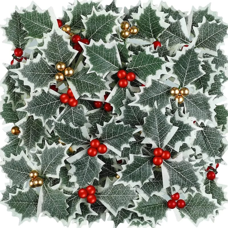Lot de 50 feuilles et baies de houx artificielles, pour décoration – Image 1
