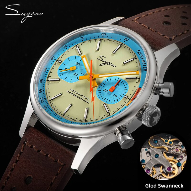 Montre-bracelet Sugess 387E TealBlue Eyes Pilote, mouvement mécanique à Col de Cygne, chronographe, verre saphir – Image 3