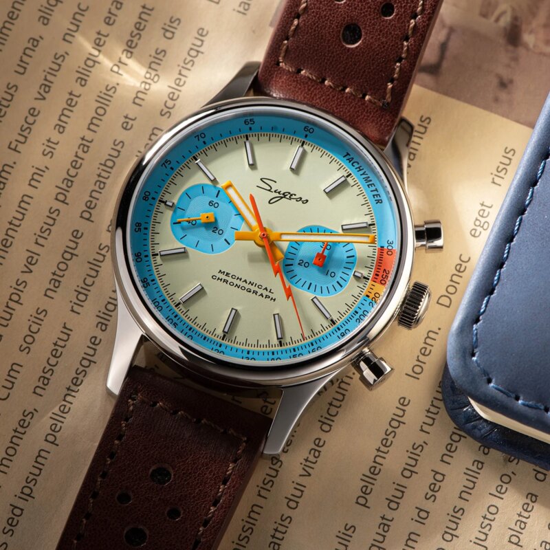 Montre-bracelet Sugess 387E TealBlue Eyes Pilote, mouvement mécanique à Col de Cygne, chronographe, verre saphir – Image 4