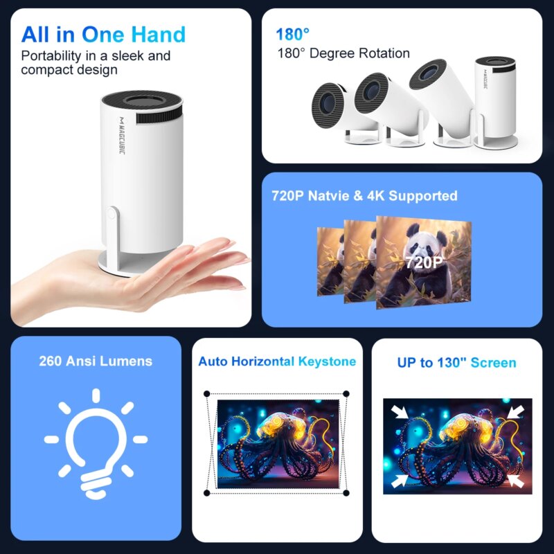 Projecteur portable Android 11, HY300 Pro, 1280x720P, WiFi 6, rotation 180°, Home cinéma – Image 3