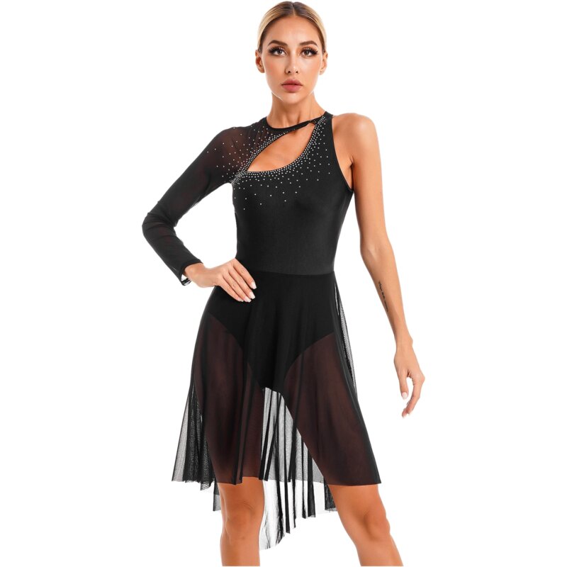 Robe de danse à manches longues en maille transparente, strass, justaucorps, patinage artistique – Image 1