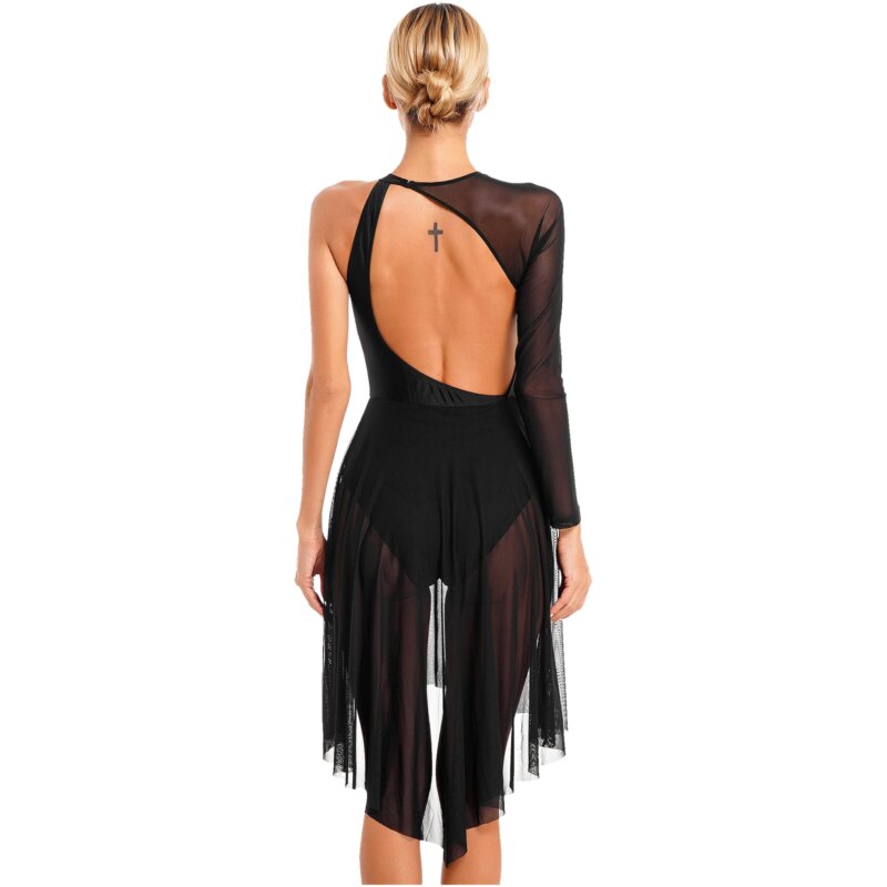 Robe de danse à manches longues en maille transparente, strass, justaucorps, patinage artistique – Image 2
