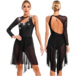 Robe de danse à manches longues en maille transparente, strass, justaucorps, patinage artistique – Image 3
