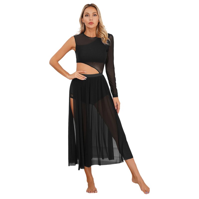 Robe de danse contemporaine, fente latérale, maille transparente, respirante et confortable