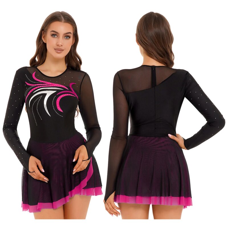Costume de patinage artistique, à manches longues, strass, justaucorps, performance sur scène – Image 2