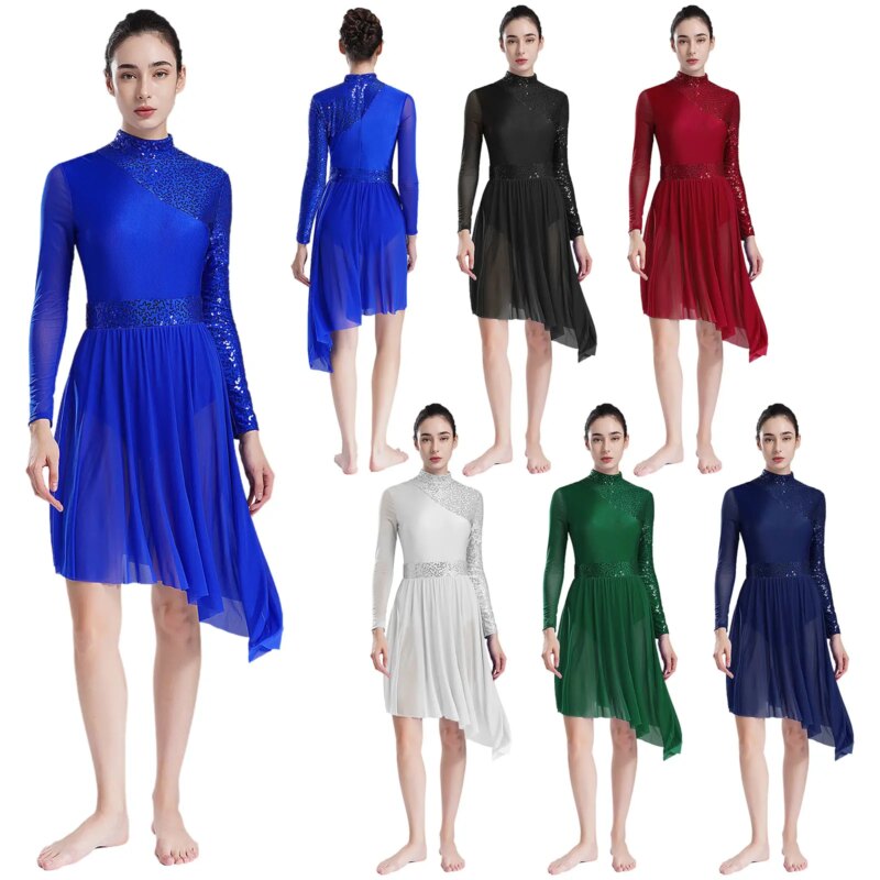 Costume de danse, patinage artistique, ourlet irrégulier, justaucorps, manches longues – Image 2