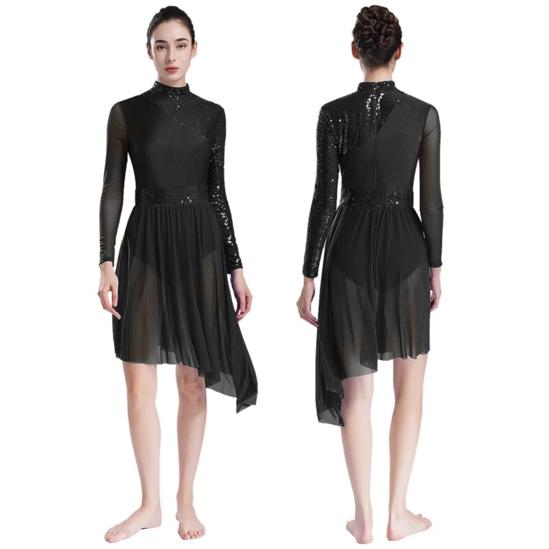 Costume de danse, patinage artistique, ourlet irrégulier, justaucorps, manches longues – Image 1