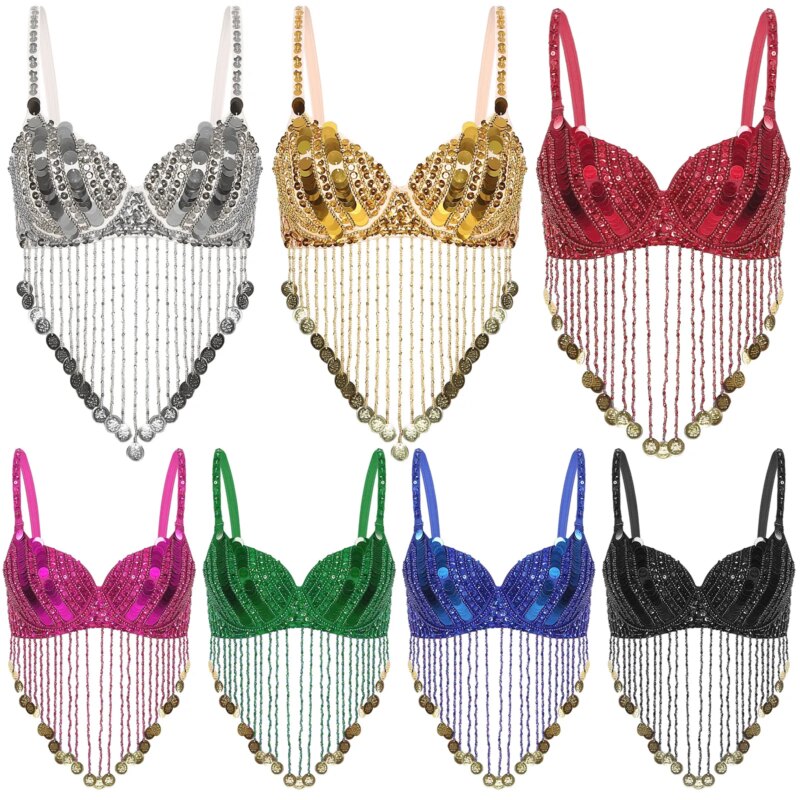 Soutien-gorge de danse orientale, latine, bretelles réglables, paillettes brillantes, costume de performance – Image 3