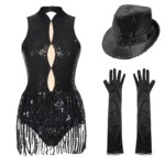 Costume de danse latine, patinage artistique, justaucorps à franges, ensemble pour performance sur scène – Image 7