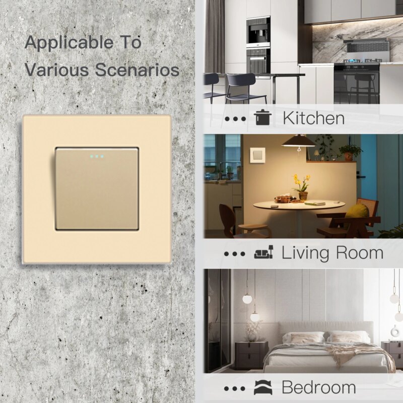 Interrupteur d’éclairage à bouton-poussoir en verre trempé, 10A, Or – Image 11