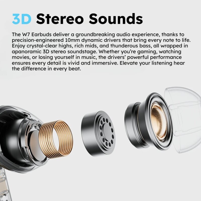 Écouteurs W7 ANC TWS, Bluetooth 5.4,  réduction de bruit 35dB, basses puissantes, IPX4, 30H d'autonomie – Image 7