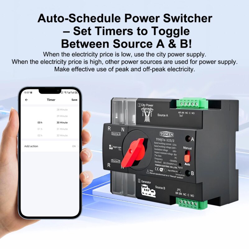 Interrupteur de transfert automatique intelligent WiFi TOMZN TOQ7e-125/2, 2 pôles, Ewelink – Image 3