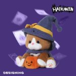 Peluche chat Halloween avec chapeau sorcier et citrouille, 25 cm – Image 2