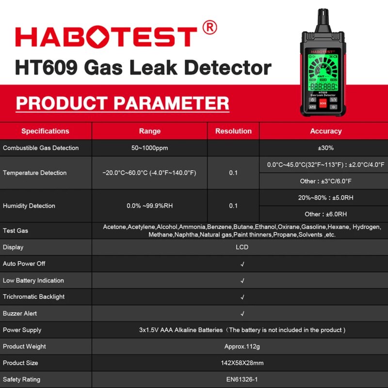 Détecteur de fuite de gaz HT609, Haute sensibilité 50-1000 PPM, LCD – Image 4