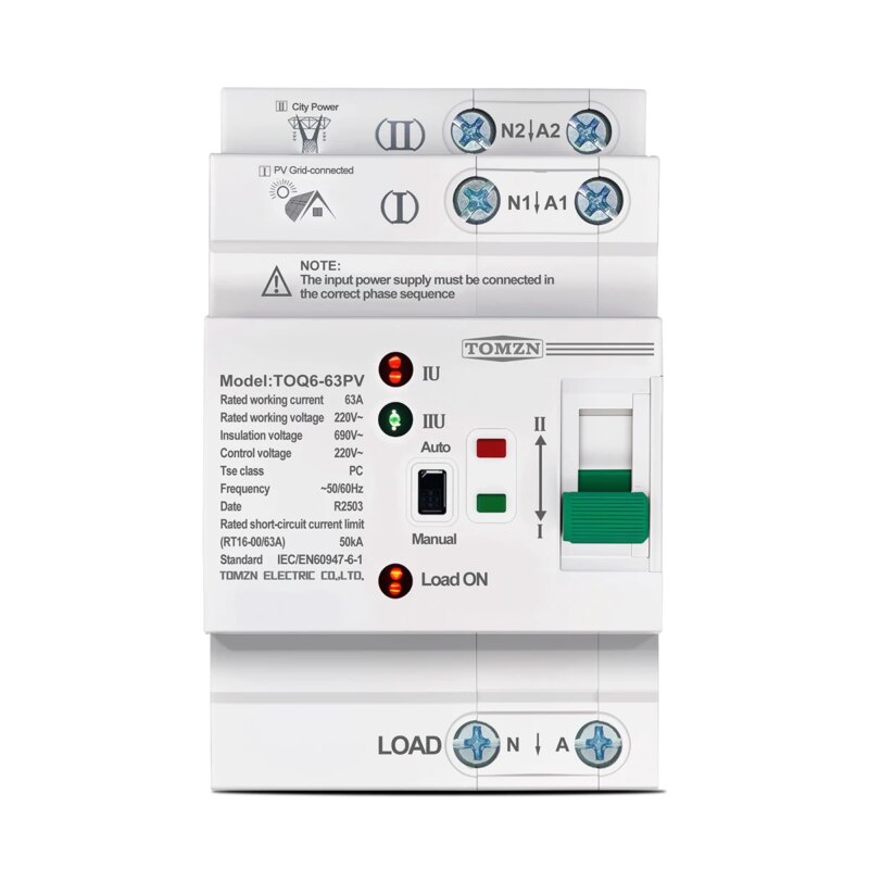 Commutateur automatique TOQ6-63PV, 2P 63A 220V, double puissance pour système photovoltaïque et onduleur
