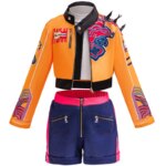 Costume de démon pop pour fille 3 pièces, veste orange, top blanc et short bleu, déguisement cosplay / Halloween
