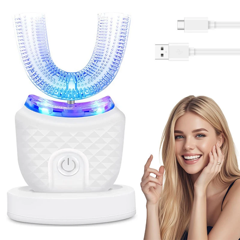 Brosse à dents sonique en U 360°, Nettoyage automatique + LED blanchissante, Recharge sans fil, Silicone doux