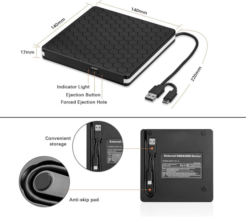 Lecteur CD/DVD externe USB 3.0 et USB-C – Graveur portable pour PC et Mac – Image 4