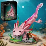 Axolotl Rose en Blocs de Construction – Salamandre Aquatique Articulée avec Décor Marin